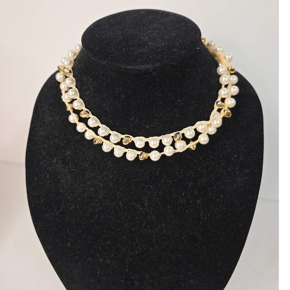 Nordstrom Faux Pearl Necklace Gold Tone Beads Woven‎ Cord Cream White
